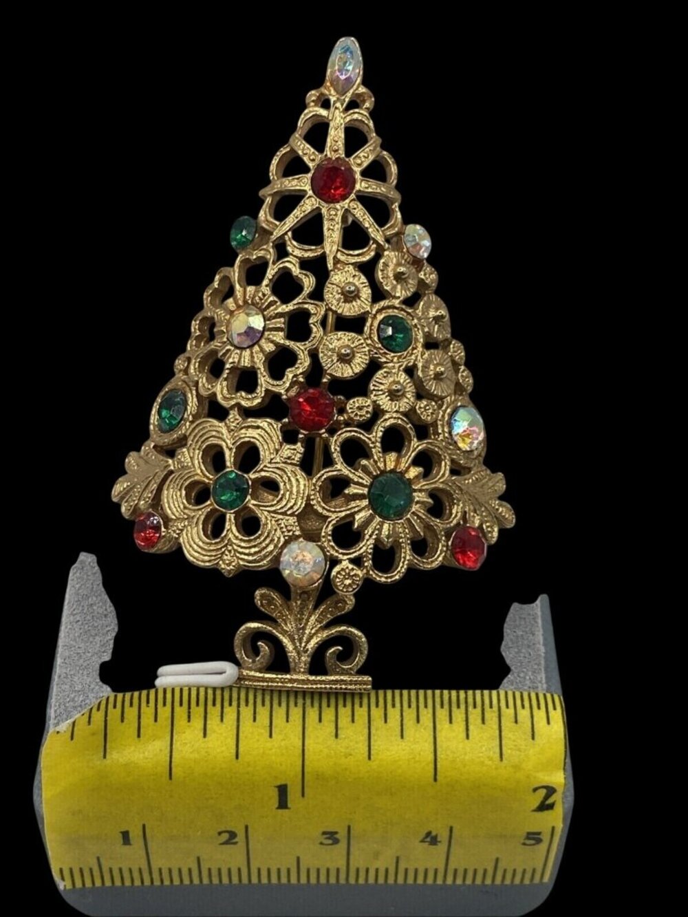 Mylu Floral Rhinestones Christmas Tree Brooch Goldtone